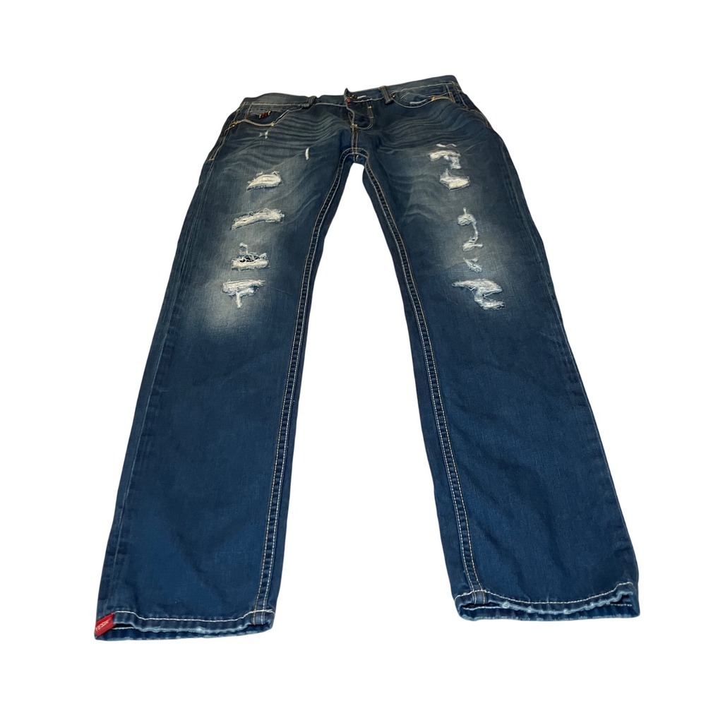 Yesir Denim Legend Jeans Mens 34 Blue Distressed Ripped Straight Leg Button Fly